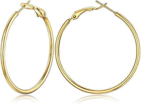 FOCALOOK 14K Gold Plated Lightweight Large Hoops| 2mm Thin Hoop Earrings for Women 30/40/50/70/100mm