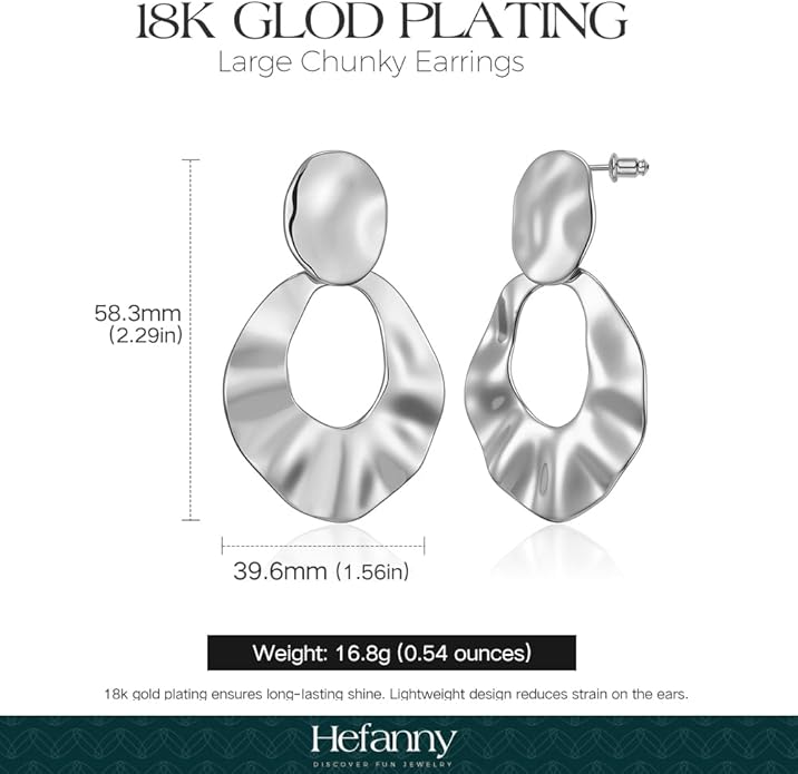 Hefanny Large Hammered Teardrop Dangle Earrings Geometric Chunky Flower Earrings Women's Trendy Statement Jewelry Multiple Styles