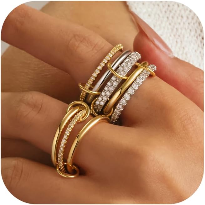 FUSAHURIY 2PCS Gold Stackable Rings Set for Women, 14K Gold Plated Interlocking Linked Rings with Cubic Zirconia, Gold Silver Mixed Metal Stackable Ring, Statement Jewelry Gifts