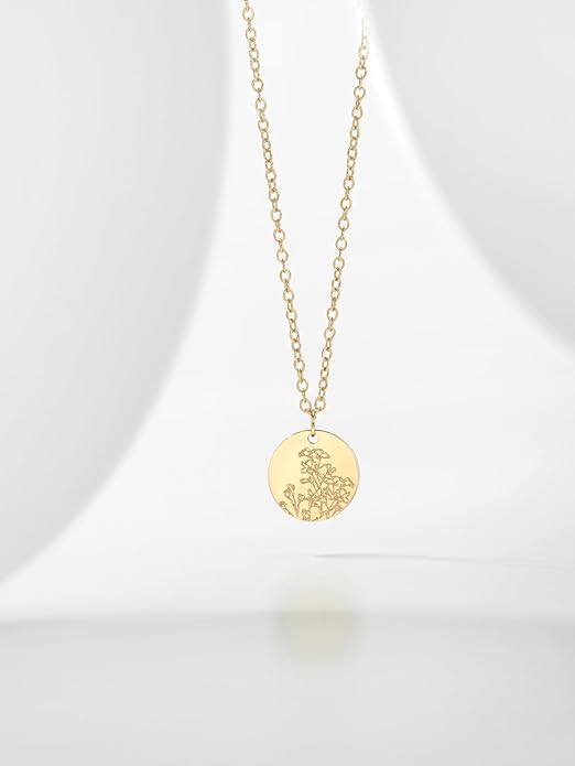 Birth Flower Necklace, 14K Gold Plated Floral Pendant Necklaces for Women, Simple Dainty Birth Month Flower Necklace, Birthday Jewelry for Women - 12 Month