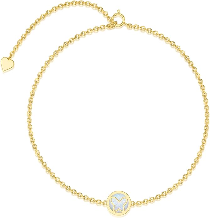 YDD 14k Solid Gold Butterfly Bracelet for Women Opal Butterfly Bracelets for Women Gold Opal Bracelet Opal Jewelry Gift for Her 6.5''-8.5''
