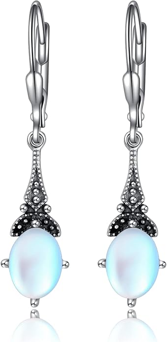 AOBOCO Vintage Earrings for Women Sterling Silver Retro Drop Dangle Leverback Earrings with 8x6mm Oval Genuine or Simulated Birthstone Crystal from Austria, Anniversary Jewelry Gifts for Her Women