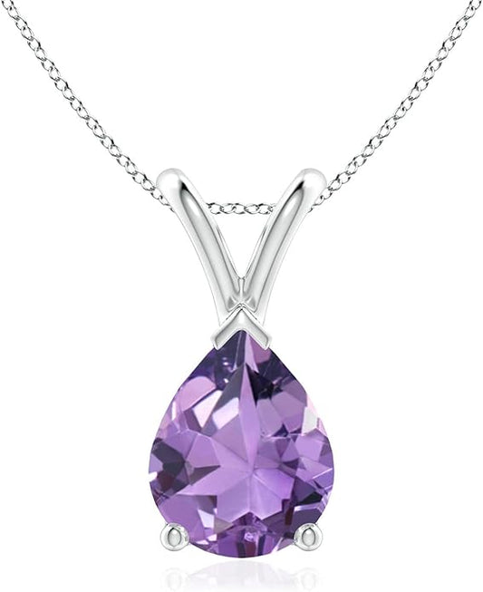 Angara Natural Amethyst Solitaire Pendant for Women | V-Bale Pear-Shaped Amethyst Solitaire Pendant in 14K Solid Gold/Silver/Platinum | February Birthday, Anniversary, Gemstone Jewellery Gift