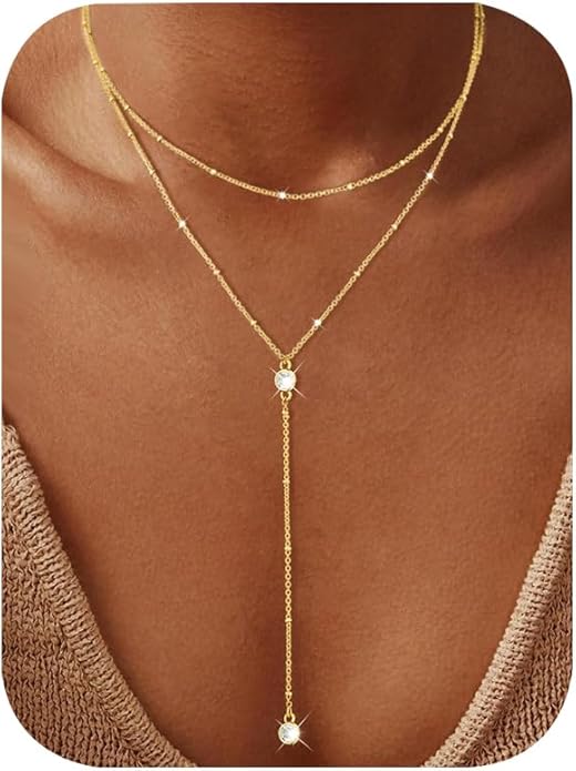 iF YOU Lariat Gold Long Necklaces for Women Trendy, Dainty 14K Gold Plated Drop Chain Necklace, Layered Rosary Beaded Y Necklaces Simple Fashion Jewelry Gifts