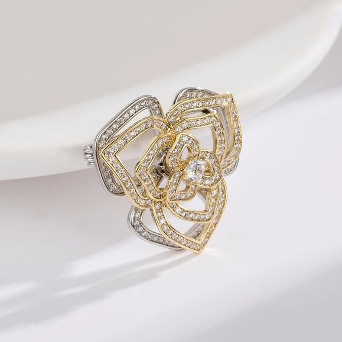 14K Gold Mother of Pearl Camellia Brooch, Luxury Moissanite Flower Pin, Sophisticated Accessory for Dinners and Parties