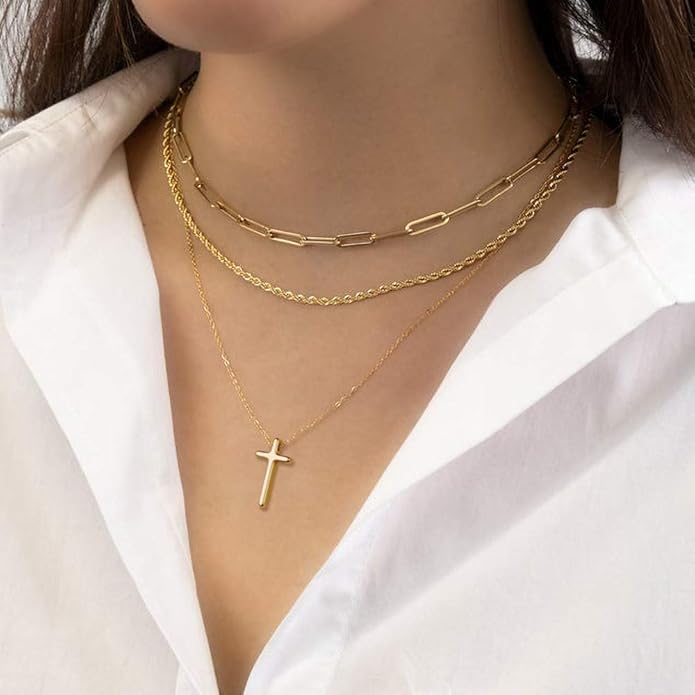Turandoss Dainty Layered Choker Necklace, Handmade Y Pendant Necklace Multilayer Bar Disc Necklace Adjustable Layering Choker Necklaces for Women