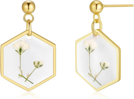 Forget-Me-Not and Queen Anne's Lace Pressed Wildflower Earrings | Pressed Flower Earrings | Handmade Drop and Dangle Earrings | Gift for Woman