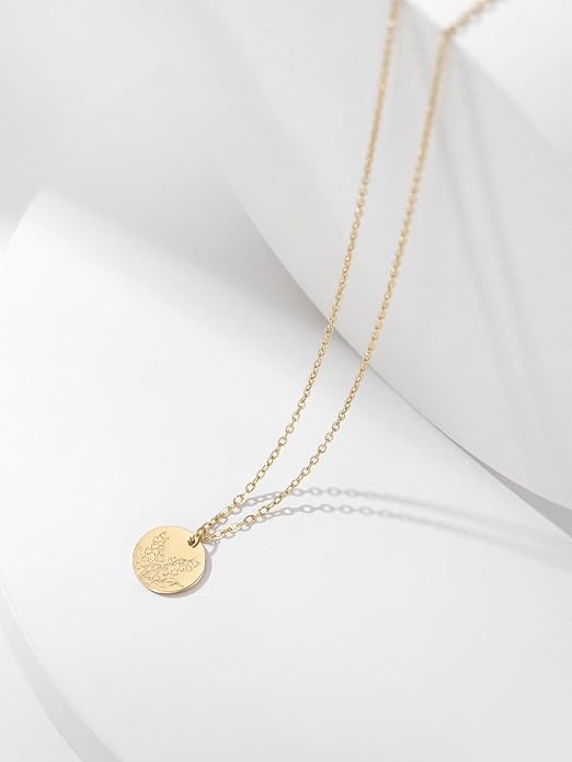 Birth Flower Necklace, 14K Gold Plated Floral Pendant Necklaces for Women, Simple Dainty Birth Month Flower Necklace, Birthday Jewelry for Women - 12 Month