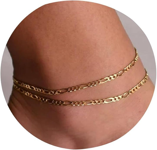 Pencros Dainty Layered Anklet,14K Gold Filled Cute Beads Satellite Chain Heart Boho Adjustable Anklets for Women