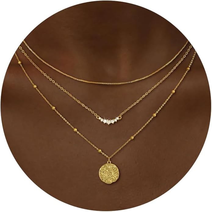 CHESKY 14K Gold Plated Layered Necklaces for Women,Dainty Gold/Silver Plated Chain Necklace CZ Pendant Necklace Adjustable Layering Choker Necklace jewelry Gifts