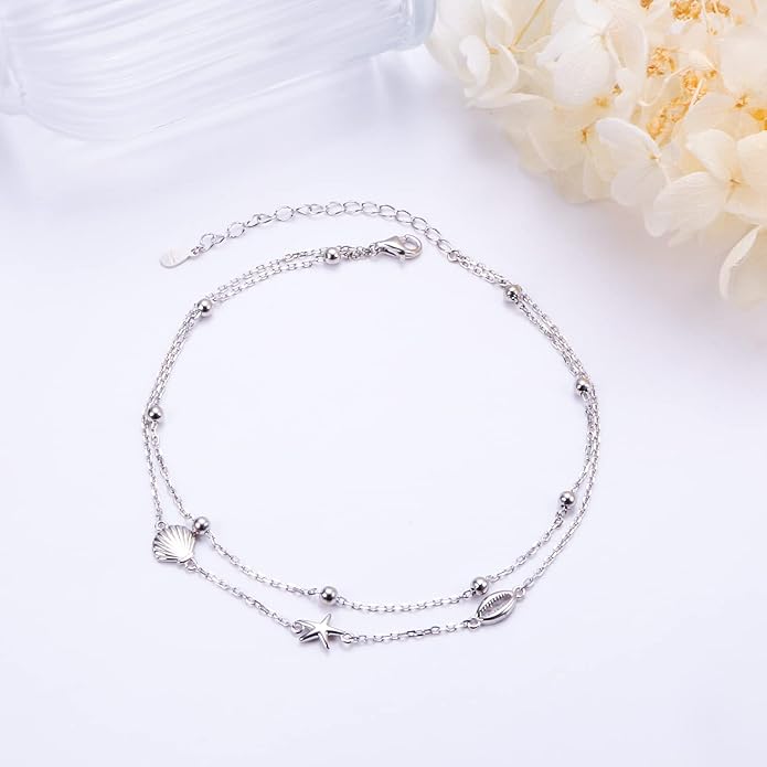FLYOW Anklet for Women S925 Sterling Silver Adjustable Foot Beaded Heart Charm Ankle Bracelet Anklets Jewelry