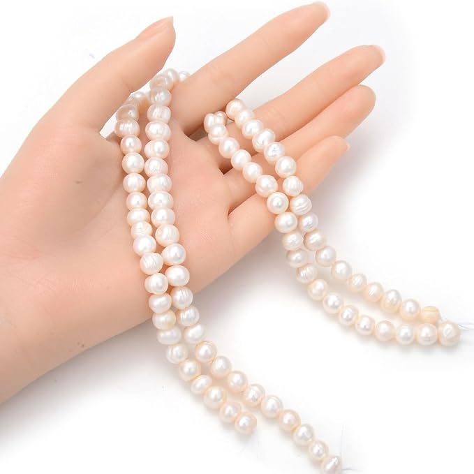 Adabele 2 Strands Real Natural Potato Round White Cultured Freshwater Pearl Loose Beads 8-9mm for Jewelry Craft Making (28 Inch Total) FP4-89