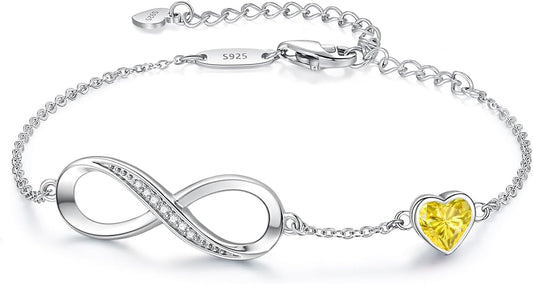 CDE Infinity Heart Birthstone Charm Link Bracelet for Women 925 Sterling Silver Adjustable Mother's Day Gift Anniversary Birthday Jewelry for Wife Girlfriend Her