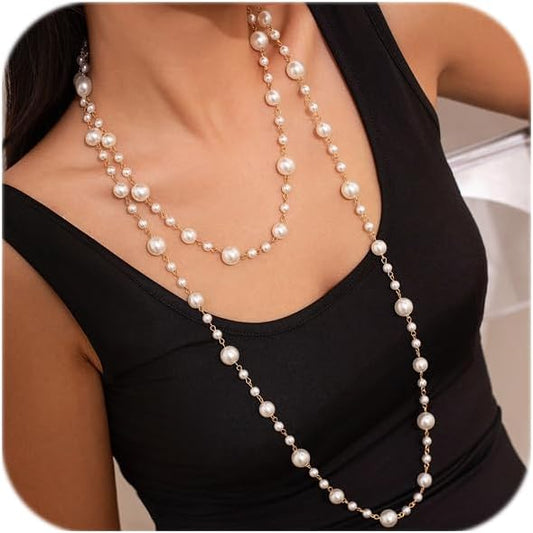 Long Pearl Necklaces for Women Pearl Long Chain Necklace Dainty Gold And Long Pearl Necklaces Layered Pearl Necklace Statement Sweater Strand Chain Jewelry
