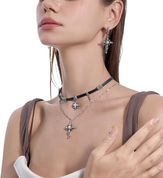 Retro stylish Star Cross Pendant Necklace Faux Leather Women's Collar Personalized Double Layer Necklace M2592