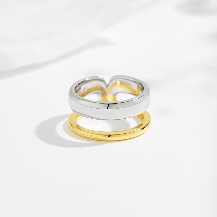 NOKMIT Two-Tone Chunky Stackable Rings for Women, 14K Gold & Silver Plated Mixed Metal Statement Thumb Bands, Classic High Polish Non Tarnish Comfort Fit Size 6-10