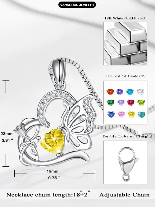 Birthstone Heart butterfly Necklace for Women, Infinity Pendant 14K Gold /18K White Gold Womens Necklaces, Jewelry Anniversary Birthday Christmas Gifts for Her Mom Wife﻿