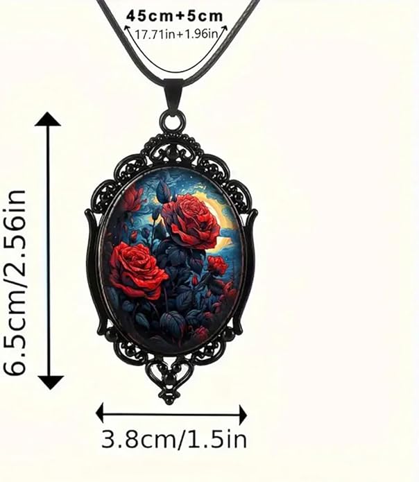 Gothic Rose Glass Necklace for Women Vintage Satan Demon Pendant Halloween Roses Necklaces Dark Punk Style Necklace Victoria Emboss Necklaces Mystic Witch Jewelry Gift Accessories
