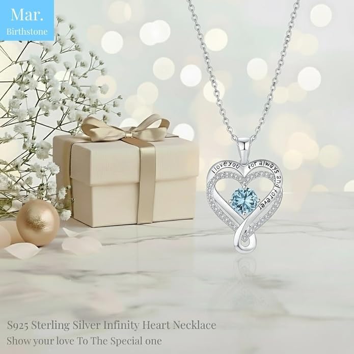 Birthstone Infinity Heart Necklace for Women Wife Girlfriend Mom Daughter Gifts S925 Silver Jewelry For Anniversary Rose Gold Gifts For Birthday Christmas Mothers Valentines Day