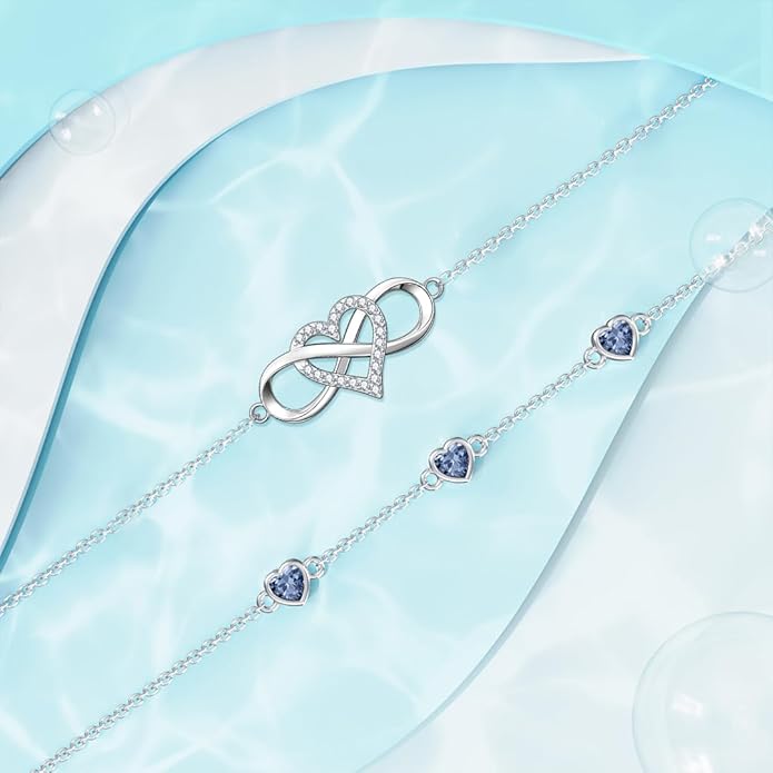 Dorunmo 925 Sterling Silver Infinity Heart Birthstone Anklet Bracelets for Women Best Mother's Day Birthday Jewelry for Wife Girlfriend Mom Her