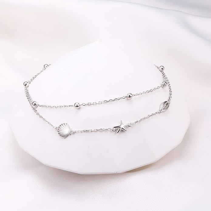 FLYOW Anklet for Women S925 Sterling Silver Adjustable Foot Beaded Heart Charm Ankle Bracelet Anklets Jewelry