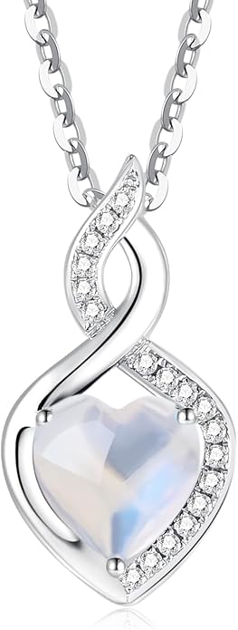 FANCIME 14K Solid White Gold Heart Birthstone Necklace with Diamond Pendent Birthday Gifts for Mom Women, Sterling Silver Chain 16" + 2" Extender