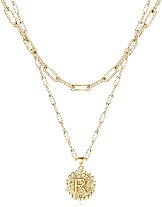 Ursteel Layered Initial Necklaces for Women, 14K-Gold-Plated Dainty Layering Paperclip Chain Necklaces for Women Jewelry
