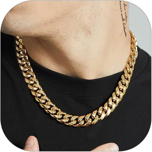 ChainsHouse Miami Cuban Link Chain Necklace for Men, 4.8mm/6mm/10mm/14mm Width, 14K Gold Plated/Stainless Steel/Black Mens Chunky Hip Hop Necklace Curb Chains, 14"-30" Length, Come Gift Box