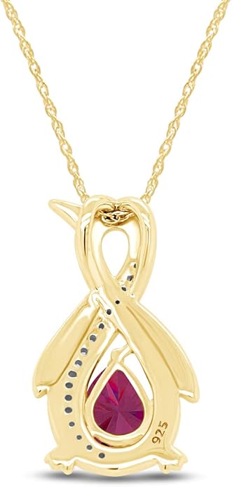 Infinity Penguin Pendant Necklace for Women, 14K Gold Over Sterling Silver with Pear & Round Cut Simulated Birthstone & White Diamond Accents, Dainty Animal Jewelry Gift with 18" Chain