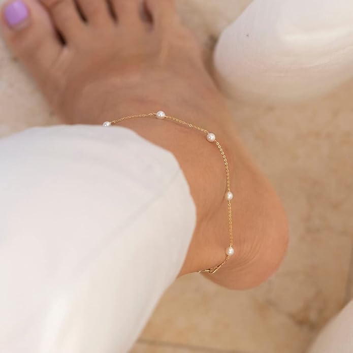 Ankle Bracelets for Women Dainty 18K Gold Plated Anklet Waterproof Round Beaded Paperclip Herringbone Pearl Chain Anklets Waterproof Beach Foot Jewelry
