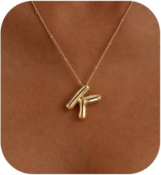 Initial Necklaces for Women, 14k Gold Plated Bubble Letter Necklace Chunky Gold Necklace Dainty Charm Initial Necklaces for Women Trendy Custom Preppy Stocking Stuff Necklace Christmas Gifts