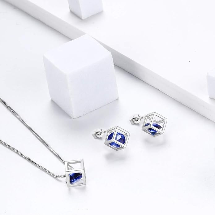 Aurora Tears Birthstone Necklace/Earring 925 Sterling Silver Women Cross/3D Cube/Cresent Moon Birth Stone Jewelry Mens Birthday Gift Anniversary Present