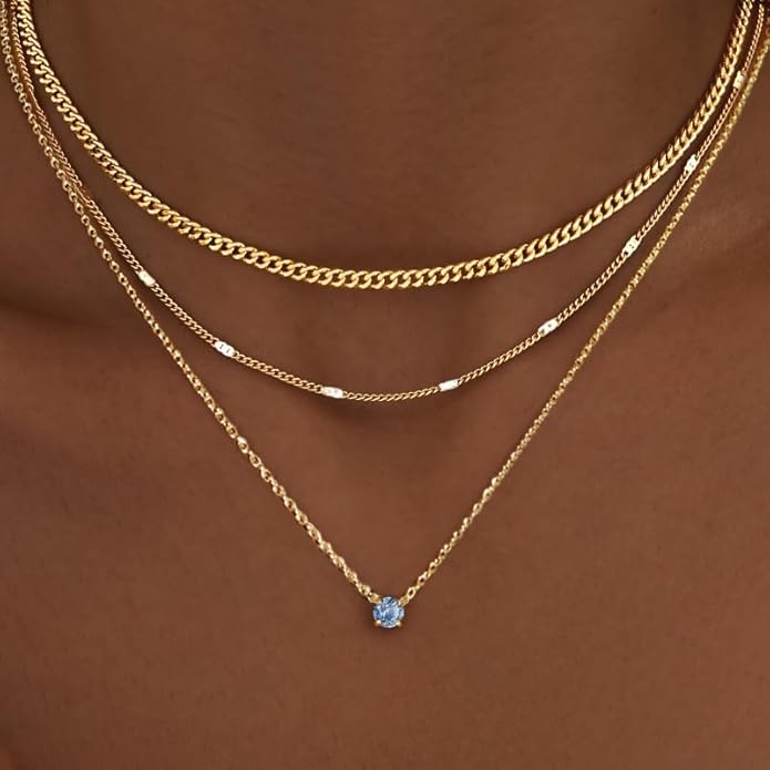 WomenGifts Layered Gold Necklaces for Women, 14K Gold Sterling Silver Plated Dainty Pendant Necklace Set with Cubic Zirconia Circle, Chunky Stackable Cuban Chain Choker, Trendy Personalized Birthstone Jewelry Gift Non Tarnish