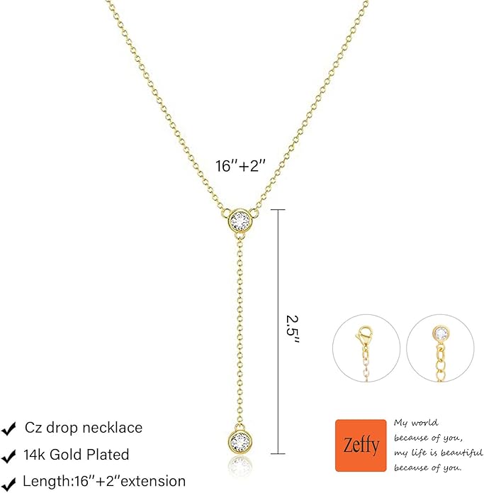 Zeffy Lariat Gold Necklace for Women, Dainty Long Necklace 14k Gold/Silver Plated Layered CZ Beaded Bar Chain Y-Shaped Body Chain Stack Drop Wedding Necklace Trendy Simple Gold Jewelry Gifts
