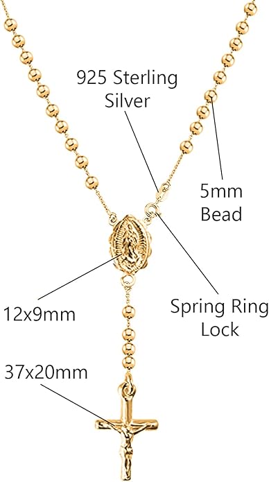 Savlano 925 Sterling Silver Italian Solid Bead Chain Cross & Rosary Virgin Mary Pendant -18K Gold Plated Y Necklace Comes With Gift Box for Women - Made in Italy