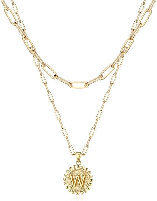 Ursteel Layered Initial Necklaces for Women, 14K-Gold-Plated Dainty Layering Paperclip Chain Necklaces for Women Jewelry