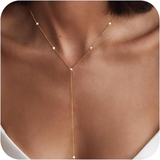 Foxgirl Lariat Gold Necklace for Women, Dainty Long Necklace 14k Gold Plated/Silver Y-Shaped Pendant Necklace Trendy Layered Cz Beaded Chain Drop Necklaces Simple Gold Jewelry For Women Gift