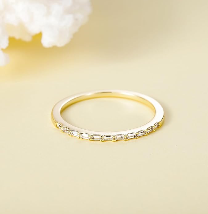 TIGRADE Half Eternity Ring for Women, Baguette Cubic Zirconia Anniversary Thin Stacking Ring, Minimalist CZ Statement Band, Size 3-11