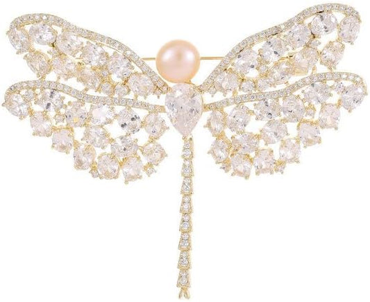 14K Gold Exquisite Dragonfly Brooch Adorned with Colorful Gemstones and Lustrous Pearls, Chic Brooch Accent for Special Events, Ideal for Stylish Women