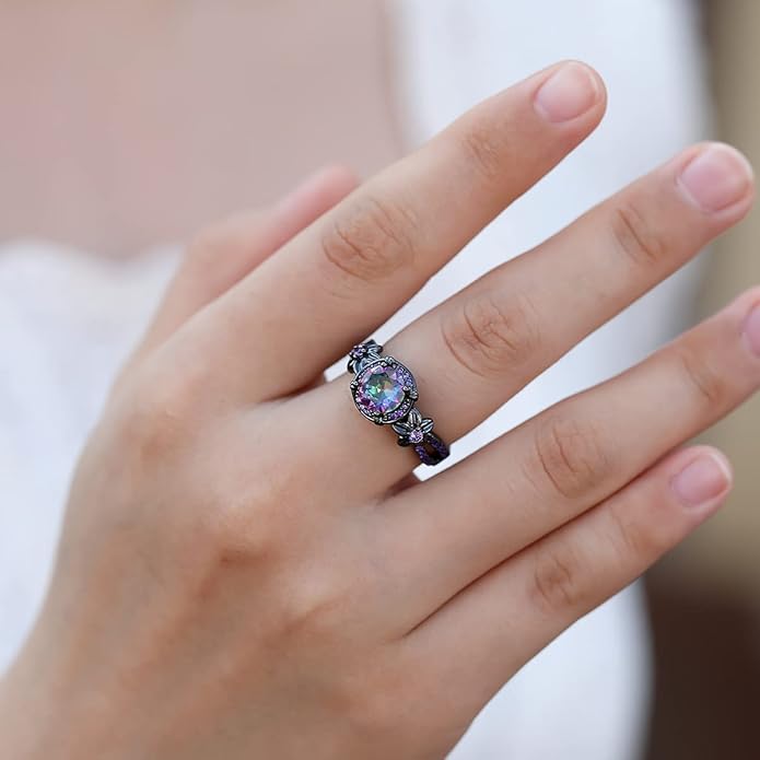 Gothic Black Rings for Women, Mystic Rainbow Topaz with Created Amethyst Flower Goth Black Gold Wedding Engagement Ring Size 6 to 11