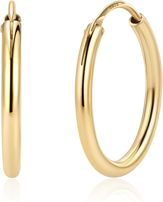 ChicSilver Hypoallergenic 925 Sterling Silver Hoop Earrings for Women, Lightweight Large Gold Plated Hoop Earrings, Endless Hoops Huggie Earrings 15/20/30/50/70MM