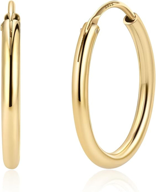 ChicSilver Hypoallergenic 925 Sterling Silver Hoop Earrings for Women, Lightweight Large Gold Plated Hoop Earrings, Endless Hoops Huggie Earrings 15/20/30/50/70MM