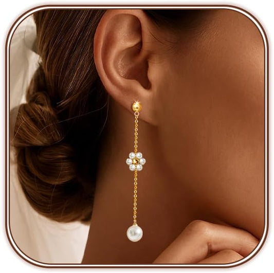 Zeffy Pearl Earrings for Women 14k Gold/Silver Pearl Drop Earrings Long White Pearl Tassel Dangle Statement Earrings Bridal Wedding Dainty Prom Earrings Birthday Gifts Jewelry