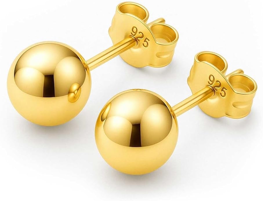 KEZEF Sterling Silver Ball Stud Earrings Hypoallergenic Earrings for Women | Available in Sterling Silver, Rose Gold, or 14K Gold Plated Silver (2mm-10mm)