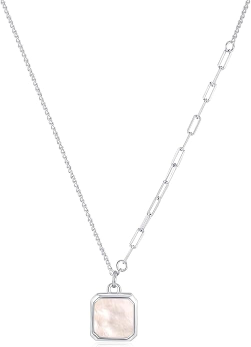 SUNFEEL Mother of Pearl Pendant Necklace 14K White/Yellow Gold Plated Sterling Silver Necklace for Women Dainty Jewelry Gifts for Mom Wife Girlfriend, Length 16+2 Inch