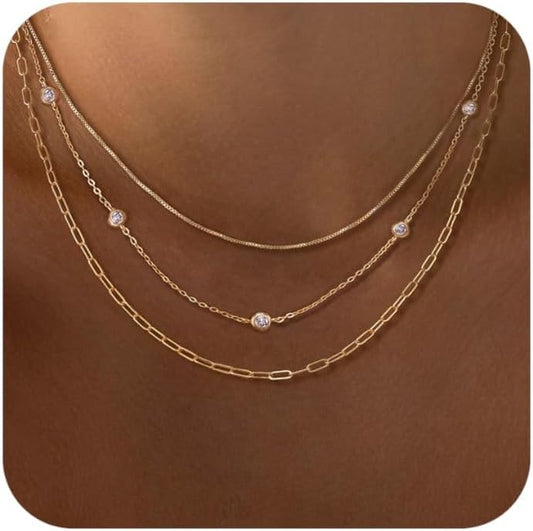 Layered Necklaces for Women, Dainty Gold Necklace Stack 14k Gold Plated Layering Cubic Zirconia Choker Necklaces for Women Trendy Simple Layered Gold Necklace Set Fashion Jewelry