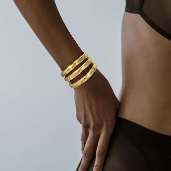 Emibele Gold Bangles Bracelet Set for Women, 18K Gold Plated Chunky Stainless Steel Non Tarnish Stretch Bracelet Stack, Flexible Wide Wristband Bangle Layered Snake Chain Bracelets