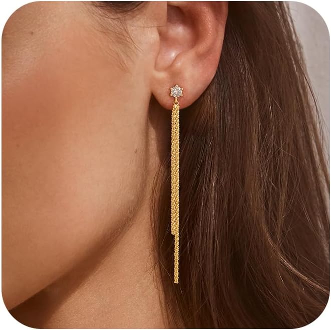 Moodear Dangle Earrings 14K Gold Plated Chain Earrings for Women Trendy Dainty Hypoallergenic Long Chain Drop Tassel CZ/Pearl Earrings Wedding Jewelry Gift