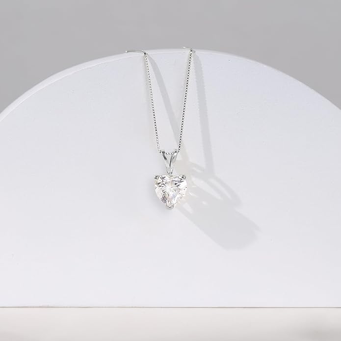 Everyday Elegance Solid 14K Gold Cubic Zirconia Solitaire Pendant Necklace for Women Heart, Princess, Round, Oval, Emerald, Pear & Cushion Cut 1 or 2 CTW | .60mm Thick 16" 18" Length Box Link Chain