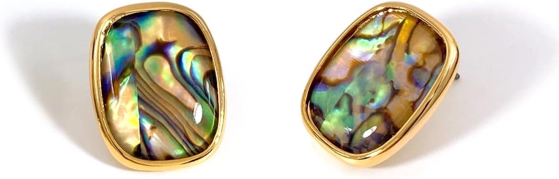 M.DUN- Round Edges Rectangle Shape Studs Earring. Abalone Amber Turquoise Resin Stone Design, 18k Real Gold Plated Bezel, Hypoallergenic Gorgeous Gift for Women